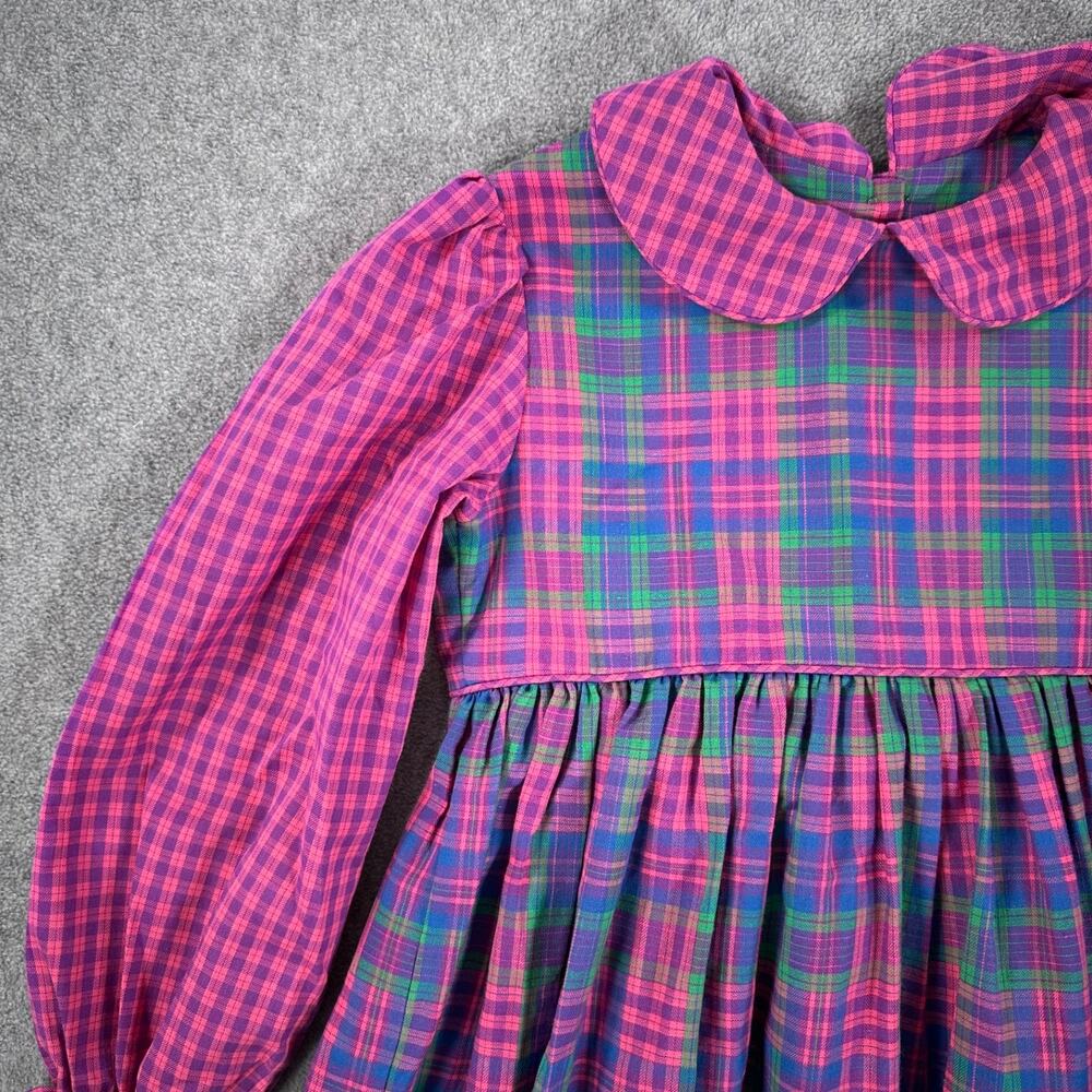 Rags From Richards Girls Size 7 Dress Pink Purple Plaid Peter Pan Collar Bow - Picture 3 of 7
